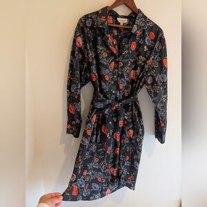 Fragonard Cotton Floral Self Belted Shirt Dress Free Size Navy Red